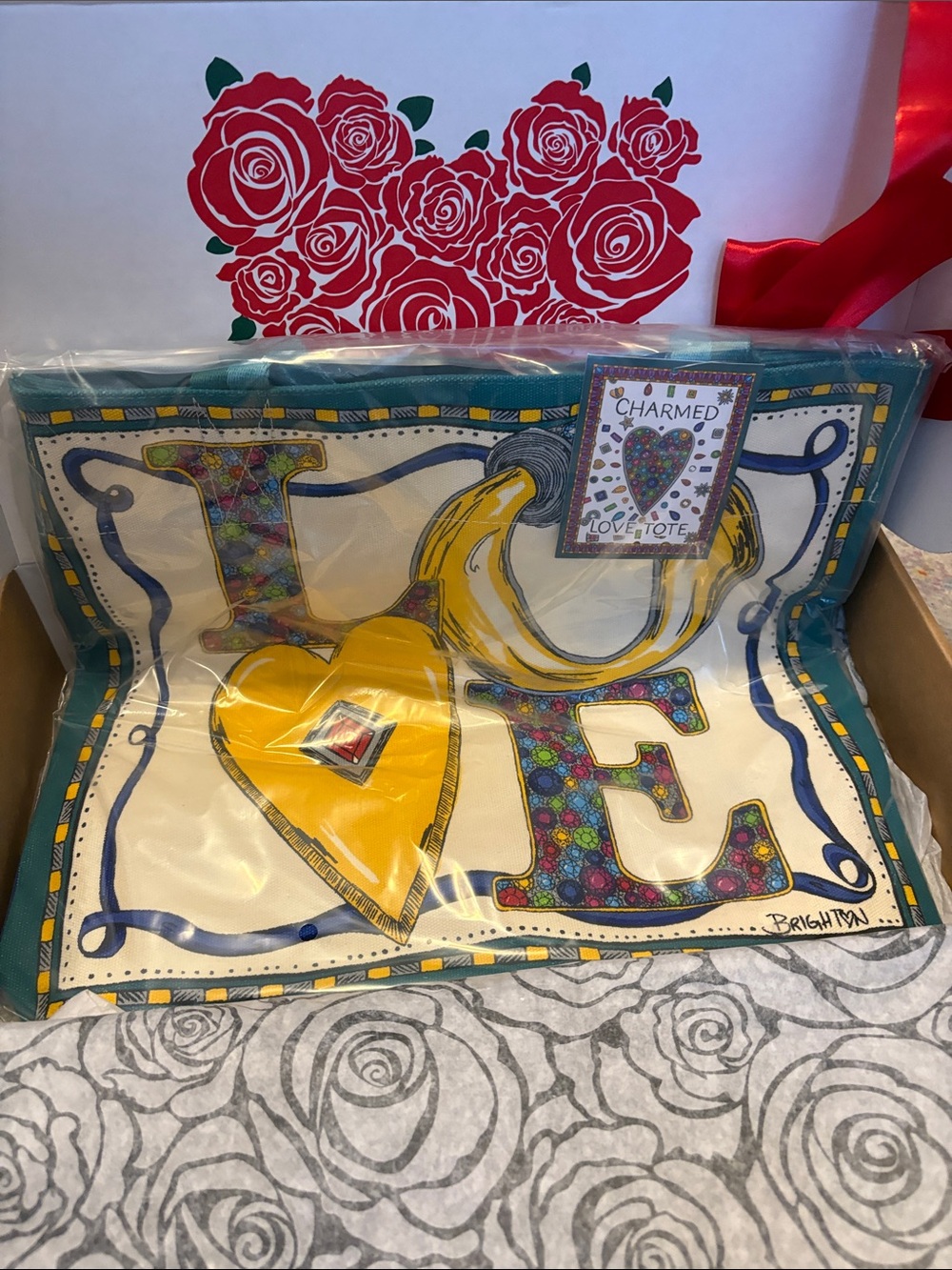 Brighton Charmed LOVE Tote in Yellow, Teal and Multicolor